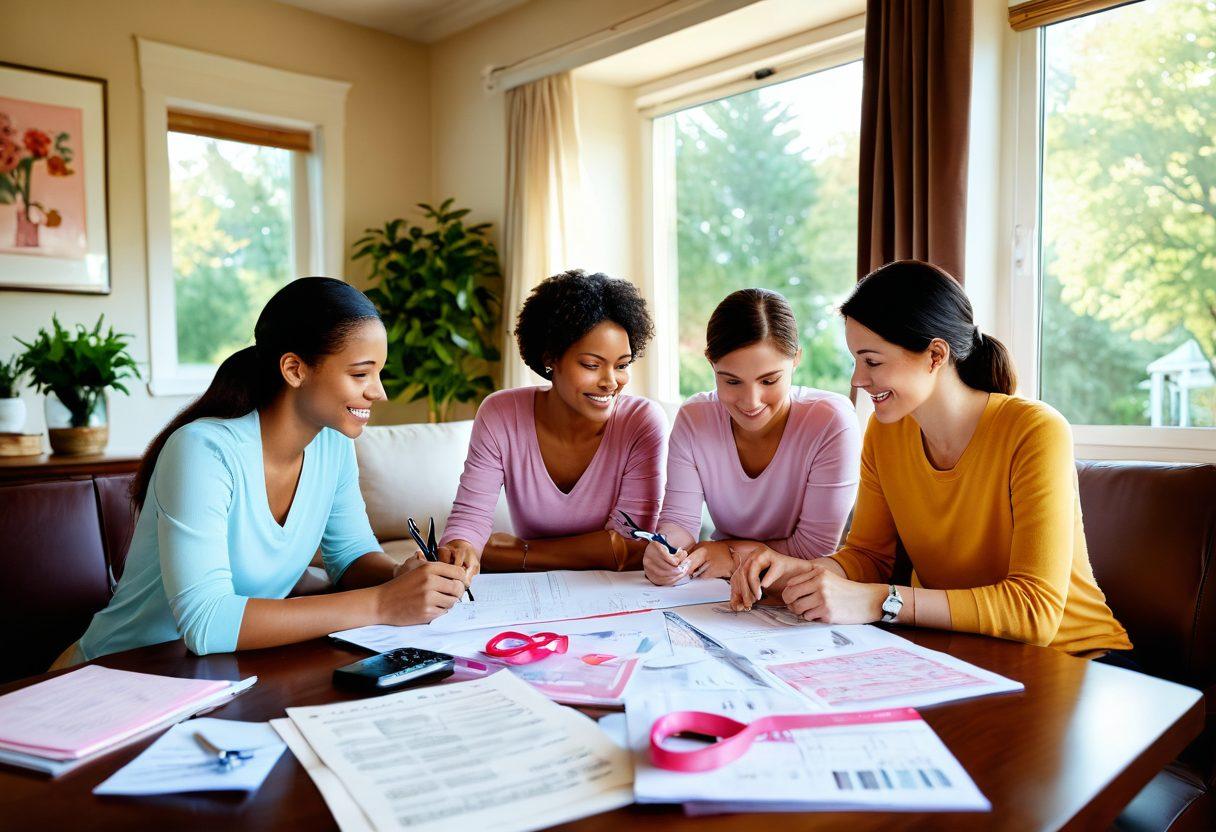A warm, inviting scene in a cozy living room showcasing a family discussing home financing options, surrounded by supportive cancer-related symbols like a pink ribbon, a calculator, and financial documents. A sunlight-filled window with a view of a serene garden, embodying hope and wellness in every corner. super-realistic. vibrant colors. soft focus.