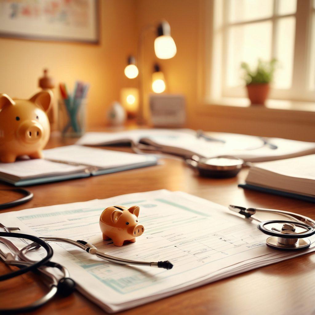 A serene home environment with a family sitting together, discussing financial plans, surrounded by health-related symbols like a stethoscope and a piggy bank. A warm atmosphere with gentle lighting and uplifting colors to convey hope and support. Blurred outlines of health and financial documents in the background to symbolize the connection between health and finance. Super-realistic. Warm tones. Soft focus.
